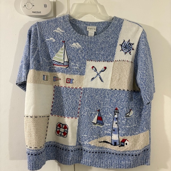 Vtg Koret Nautical Lighthouse Top Blue White Sailboat Embroidered Sz 1X Coastal - Picture 1 of 12